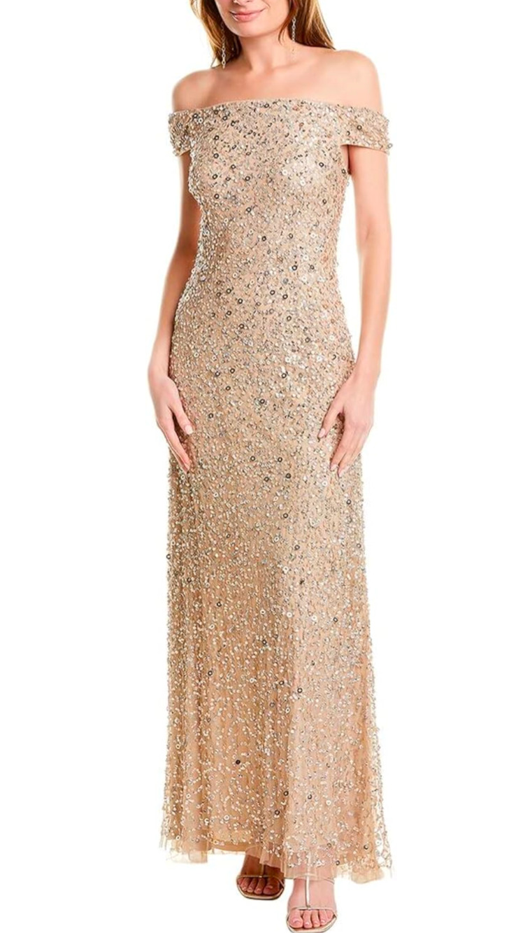 NWT Adrianna Papell Women's Off The Shoulder Sequin Beaded Gown sz 12 Champagne